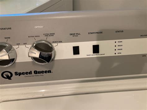 Speed queen washer lights flashing. Washer is unable to balance load. Redistribute load and run cycle. If running a small load or one large item, add more items to help machine balance the load better. If items are rubber or other water resistant type material, load may never reach full spin speed. Ensure machine is properly leveled and check for broken shocks. 
