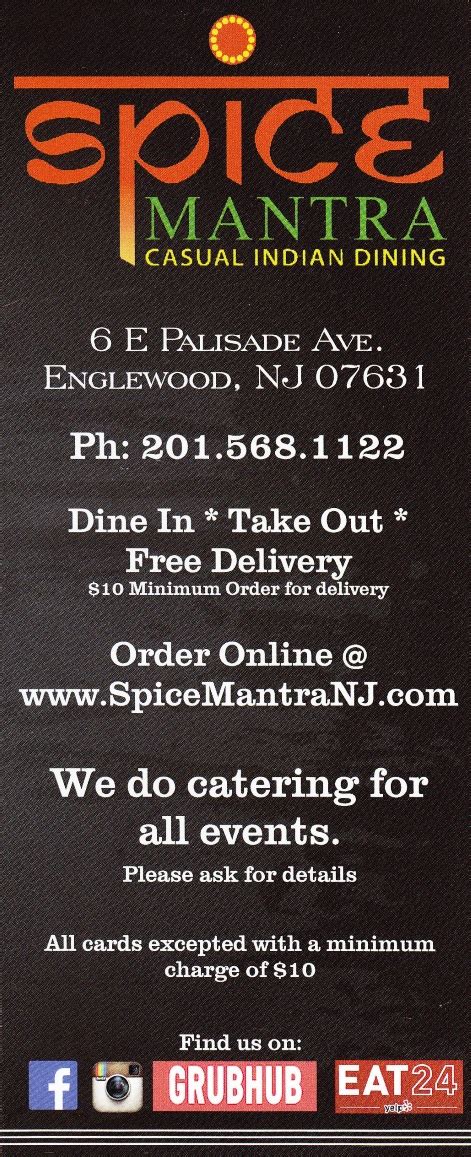 Spice mantra in englewood. Englewood, NJ +1-201-568-1122. Spice Mantra. Indian. 103 reviews. Top Review On Yelp. Jan 21, 2018 . Delivered in 30 minutes. I don't know what good Indian food tastes like but what I ate was amazing. I yelped in joy as I ate. Order from this place. 
