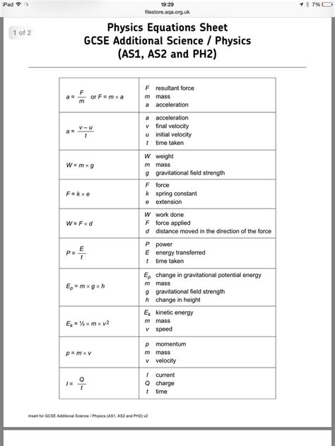 Spice of Lyfe Physics Equation Sheet Gcse Aqa Paper 1