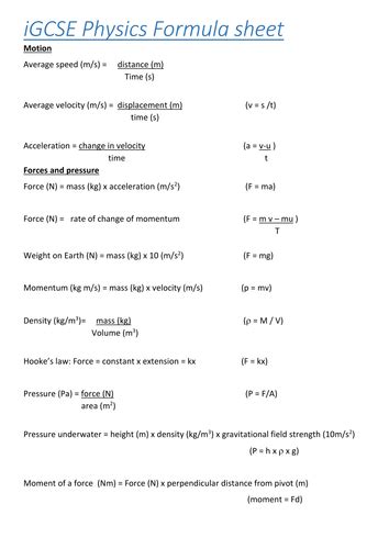 Spice of Lyfe Physics Formula Sheet Distance