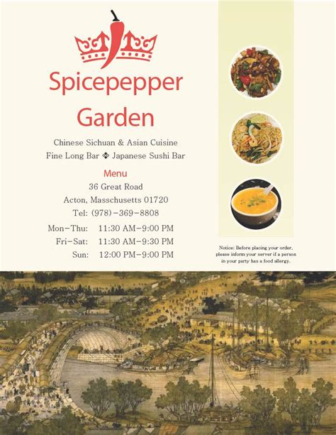 Spicepepper garden menu. Delivery from 17:45. I want to collect. Note: Complimentary. -2 Poppadoms with every order over £15. -1 Portion of onion bhaji with every order over £20. -1 Vegetable side dish with every order over £25. -1 Bottle of wine with every order over £50. Our dishes may contain traces of ground nuts. If you suffer with any allergies, please speak ... 