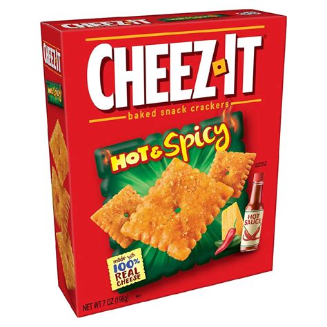 Spicy cheez its. Sunshine Biscuits (1932–1996) Keebler Company (1996–2001) Website. cheezit.com. Cheez-It is a brand of cheese cracker manufactured by Kellanova through its Sunshine Biscuits division. Approximately 26 by 24 millimetres (1.0 by 0.94 in), the rectangular crackers are made with wheat flour, vegetable oil, cheese, skim milk, salt, and spices . 