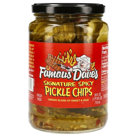 Spicy pickle chips. Famous Dave's own Signature Sweet n' Spicy Pickle Chips are a tongue tinglin' complement to all Sandwiches, Hot Dogs and Burgers! Available in multiple sizes 24 fl oz, 46 fl oz, and 64 fl oz. 