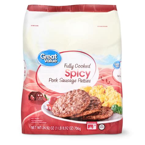 Spicy sausage patties walmart. These Pederson's Natural Farms sausages are fully cooked and seasoned to perfection, these spicy breakfast sausage patties adhere to the same Pederson's standards you've grown to trust. Perfect for busy mornings. With 7 grams of protein per serving this pork sausage is the fuel you need to start the day. 