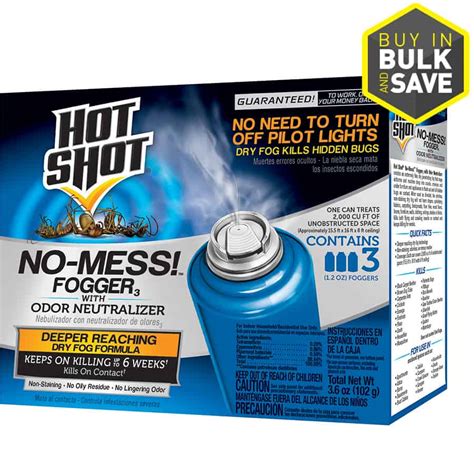 Spider bomb. HOT SHOT ® FOGGER 6 WITH ODOR NEUTRALIZER: This formula is non-staining and leaves no oily residue.; WORKS IN 2 HOURS: Keep treated areas closed and do not re-enter for at least two hours. KILLS LISTED PESTS: This … 