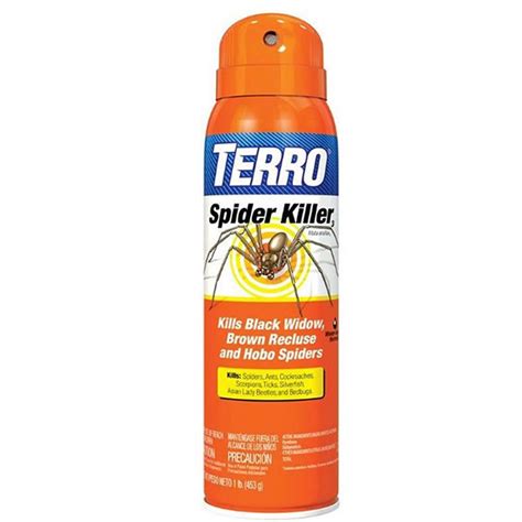 Spider spray. Kill spiders on contact with Terro 16 oz. Spider Killer Aerosol spray. Active ingredients Pyrethrins & deltamethrin combine to give rapid knockdown with extended killing power. Use the spray indoors or outdoors as a general surface, spot or crack & crevice treatment to areas where pests crawl & hide. 