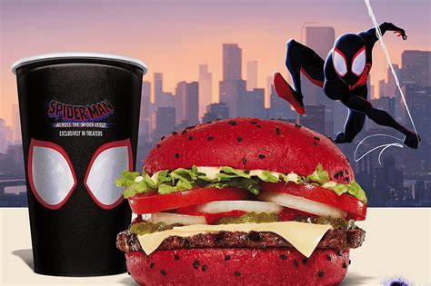 Spiderverse burger. May 20, 2023 · The Spider-Verse Whopper is a limited-time burger from Burger King that was released ahead of the premiere of 'Spider-Man: Across the Spider-Verse.' It features a newly created red bun topped with black sesame seeds, the burger's signature flame-grilled beef patty, melted Swiss cheese, and the Whopper’s traditional lettuce, tomato and onions. 