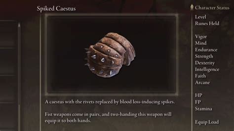 Originally posted by Señor Brown: STR for either Caestus, since you get 1.5x STR scaling from two-handing your weapon. ARC for the spiked Caestus if you are interested in bleed. The following armaments are not given a strength bonus when two-handed due to being dual-wielded instead: All 4 Claws..