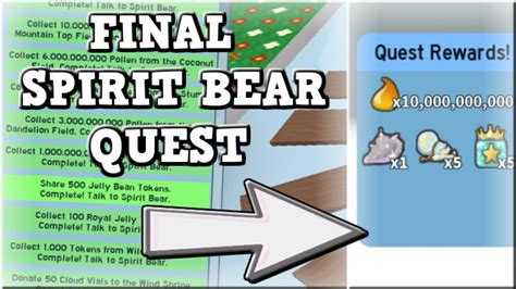 Spirit Bear is a Quest Giver and is one of the eight permanent Quest Bears that can be accessed in the game, the others being Black Bear, Brown Bear, Mother Bear, Panda Bear, Science Bear, Dapper Bear, and Polar Bear. She holds a Petal Wand and wears a Petal Belt. The player must have 35 bees or more to reach Spirit Bear. She is located between the Coconut Field and the Pepper Patch, and in ...