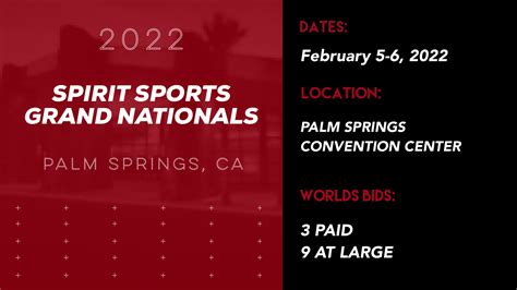 Feb 5, 2022 · 9 Must-Watch All Star Dance Routines From Spirit Sports. All star dance teams are dueling it out for titles and bids at the 2022 Spirit Sports Palm Springs Grand Nationals. Check out these nine must-see routines! Feb 5, 2022 by Leanza Pieroni. It's been an exciting weekend so far in Palm Springs, California, as West Coast teams take over the .... 
