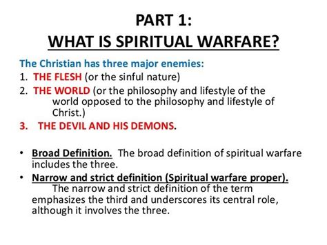 Spiritual warfare meaning. Dec 2, 2019 ... Spiritual warfare is the ongoing conflict against the human race with its enemies—the world, the flesh, and Satan—for the purposes of … • ... 