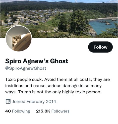Jul 28, 2023 · About Spiro Agnew’s Ghost Account “Spiro Agnew’s Ghost” is an intriguing Twitter account that emerged from the ethereal depths of the internet. This account, which currently boasts thousands of followers, delivers tweets in a manner that humorously mimics the late Agnew’s voice and style. The tweets range from wry political commentary ... . 