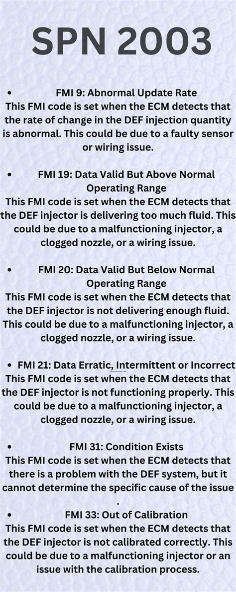 Spn 2003 fmi 31 allison. 20 = Data Drifted High (rationality high) 21 = Data Drifted Low (rationality low) 22 to 30 = Reserved for SAE Assignment. 31 = Condition Exists. Get information about Suspect Parameter Number (SPN) and Failure Mode Identifier (FMI) fault code list and read descriptions before engine troubleshooting diy process. 
