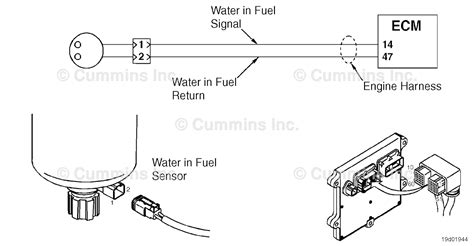 SPN: 97 FMI: 0/15 Lamp: Maintenance SRT: The Water in Fuel Indicator indicates that the water level is above warning level. None on performance. Water-in-Fuel Indicator Circuit Circuit Description: The water-in-fuel sensor is in the fuel filter. The engine control module (ECM) provides a 5 volt reference signal to the water-in-fuel sensor.. 
