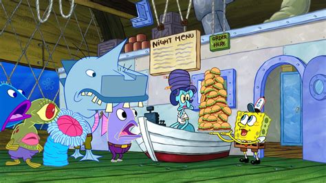 Spongebob night shift. Visual Pun: When SpongeBob has trouble plugging the electrical cord into the grill, he claims it's because his hands are clammy, right before a small clam flies out of his hand. Original air date: 10/21/2018. SpongeBob discovers the Krusty Krab has a night shift run and frequented by creepy creatures and monsters. 