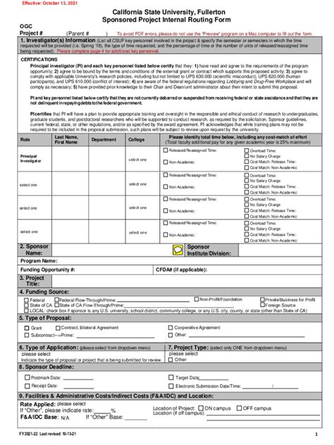 Sponsored Project Internal Routing Form Instruction Sheet