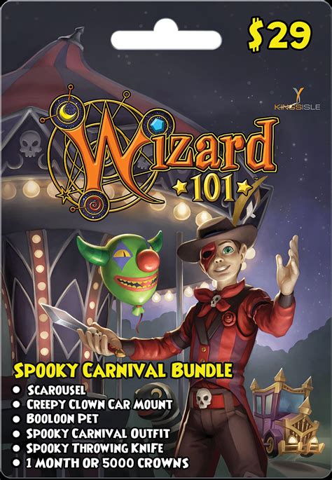 Spooky carnival bundle wizard101. Wizard101 Prepaid Game Cards Spooky Carnival Bundle! Introducing the new Spooky Carnival Bundle full of frightful goodies! Up to Level 120 Gear & Items Now your Wizard can get new spooky items including a housing item, mount, pet, Level 120 gear and weapon. Get the most powerful bone-chilling options for your high level Wizards! 