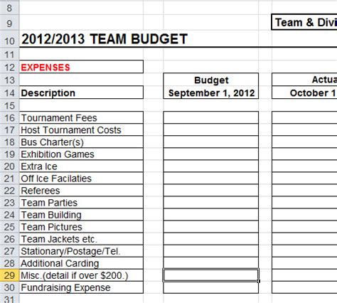 Sports Team Budget Template Exce