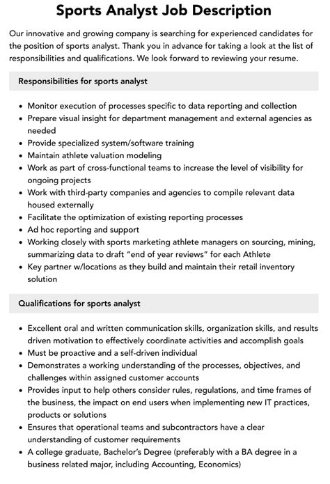 Job Description Overview. The NBA Analytics Manager job description involves working in the sports industry to analyze data and statistics related to basketball teams and players. This role requires strong analytical skills, as the manager must gather and interpret data to create reports and insights that are useful for coaches and team executives.. 