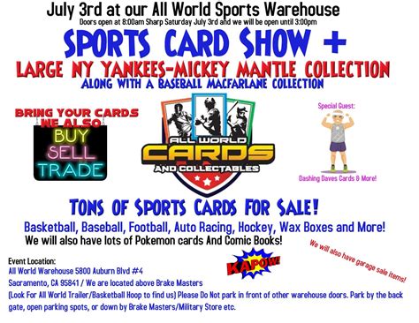 Sports cards shows near me. Feb 23-25, 2024 (Kerr Scott Building) Mar 2-3 (Holshouser; TCG Tournament) Mar 30, 2024 (Holshouser Building) July 19-21, 2024 (Kerr Scott Building) Dec 13-15, 2024 (Dorton Arena) Sports Card, Pokemon & Collectibles Show. 