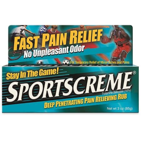Product details. Sportscreme Stay in the Game Trolamine Salicylate Pain Relieving Rub, Massage in for temporary relief of minor pain associated with sore, aching muscles, muscle strains and stiffness. Directions: Adults And Children Over 12 Years: Apply Generously To Affected Area, Massage Into Painful Area Until Thoroughly Absorbed Into Skin ...