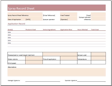 Spray Record Sheet Template for Excel Excel Templates