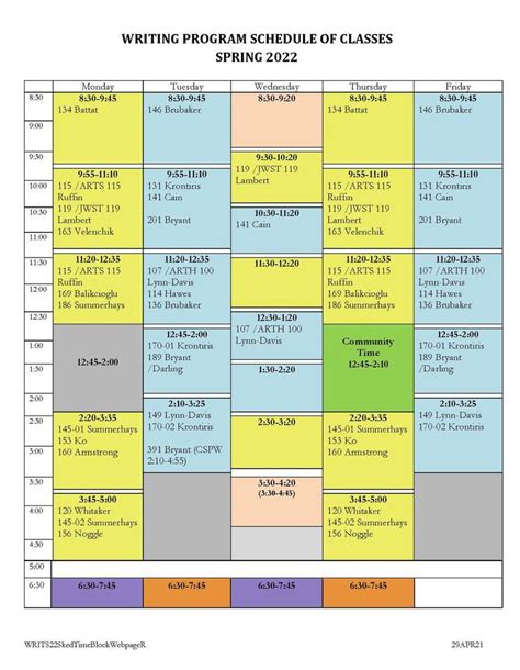 Spring 2022 Class Schedule Wellesley College