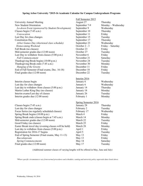 Spring Arbor University Calendar