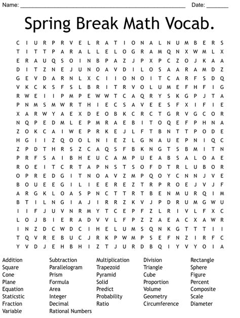 Spring Break Math Vocab. Word Search WordMint