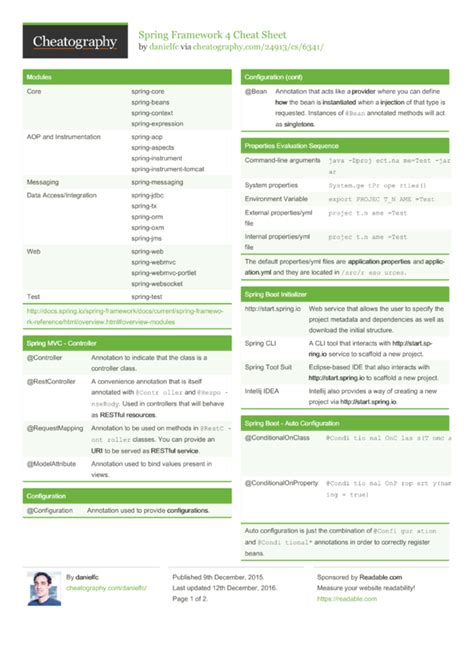 Spring Framework 4 Cheat Sheet by danielfc Download free from
