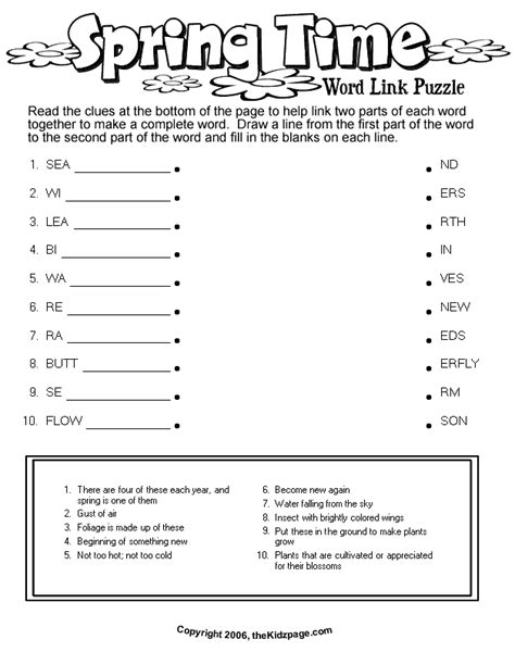 Spring Time Word Link Puzzle Free Coloring Pages for Kids Printable