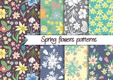 Spring flowers patterns. Set of seamless colorful vector patterns