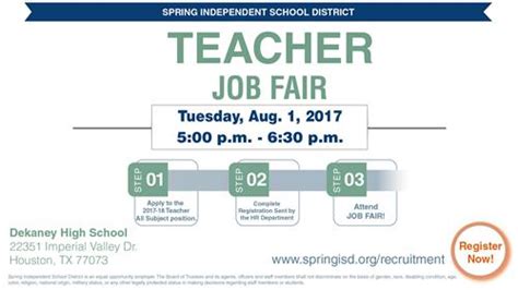 USTON - Nov. 29, 2016 - The Spring Independent School District will host a Teacher Information Session and Job Fair from 9 a.m. to noon Saturday, Dec. 3 at Dekaney High School, 22351 Imperial Valley Dr.