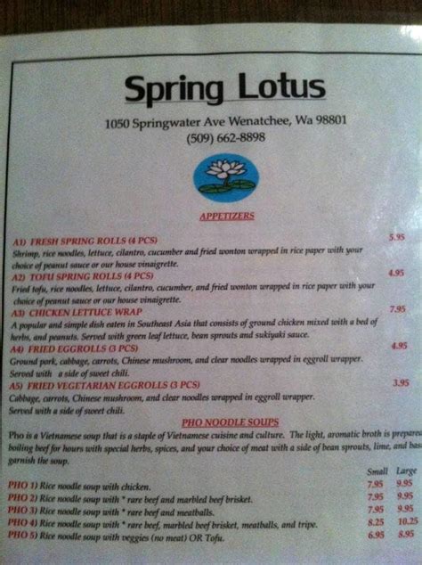 Spring Lotus Restaurant. Currently Open. Location. 1050 Springwater Ave. Wenatchee, WA 98801 (509) 662-8898. Get Directions. Comments... /200 Post Comment