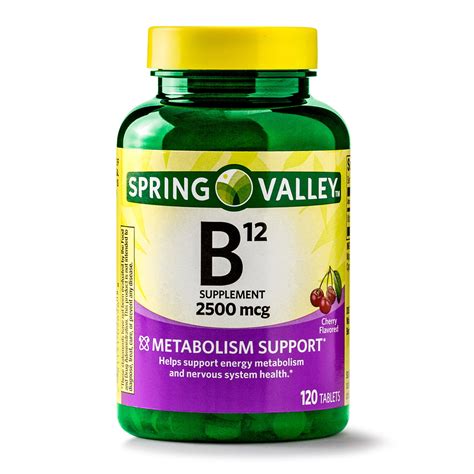 Spring Valley. Vitamin B12 2500 mcg. Nutrition Facts. Serving Size. tablet. Amount Per Serving. 0. Calories. % Daily Value* 0% Total Fat 0g. 0% Saturated Fat 0g. Trans Fat …. 