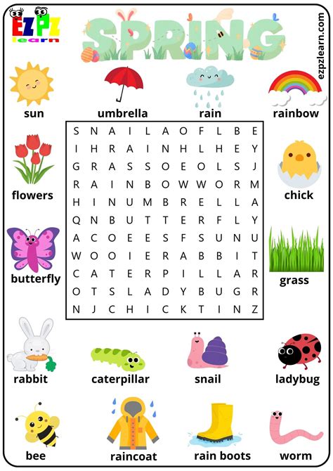 Spring word search, Spring words, Spring worksheet