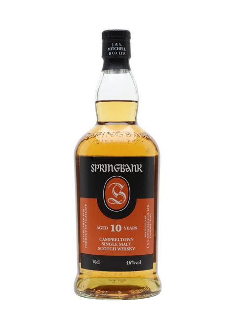 Springbank 10. The malt is handled in three ways to produce three contrasting whiskies – Springbank itself is medium-peated, Longrow is heavily peated, while Hazelburn has no peat at all. Ferments are very long – in excess of 100 hours; with low-gravities which both produces a low-strength wash and high levels of esters. 