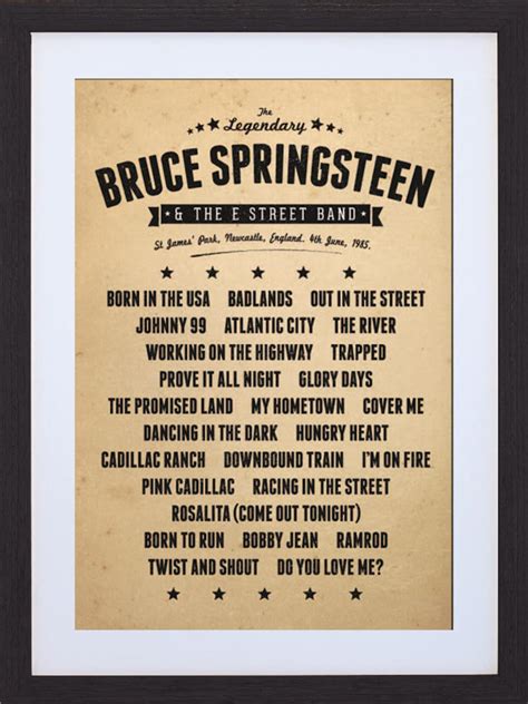 Springsteen & E Street Band 2023 Tour (66) Springsteen On Broadway (236) Springsteen On Broadway 2021 (30) Summer '17 Tour (14) The Ghost of Tom Joad (133) The Rising (124) The River (145) The River Tour 2016 (75) The Wild, The Innocent & The E Street Shuffle (207) Tunnel of Love Express (68) Vote for Change (10) Working on a Dream (88) . 
