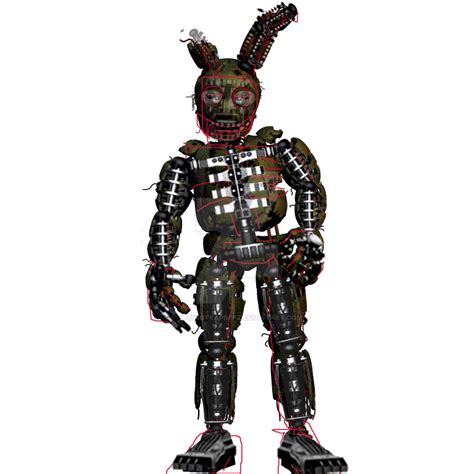Springtrap in this story has a similar appearance to his game counterpart. It is a rabbit animatronic with yellow-green fur and torn ears. The fur is worn down in many places to reveal the metal endoskeleton. Upon further inspection, Hudson finds body tissue and suspects that a corpse is inside.. 