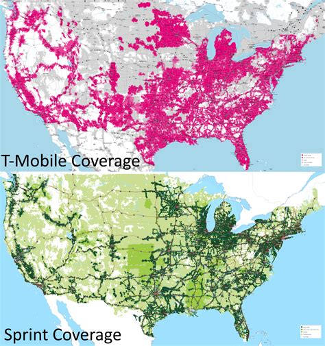 Sprint and tmobile coverage map. Cell phone networkcoverage comparison. AT&T blankets the most of Maine out of the big three carriers—AT&T, Verizon, and T-Mobile—spanning 64.91% of the state. Verizon is just shy of Big Blue with 62% statewide coverage, while T-Mobile’s 4G LTE signals reach just 47.52% of the Pine Tree State. 