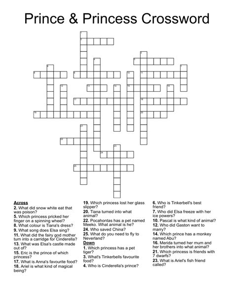 Likely related crossword puzzle clues. Based on the answers listed above, we also found some clues that are possibly similar or related. Movie princess Crossword Clue; Fictional princess Crossword Clue "Star Wars" princess Crossword Clue; Princess who battles the Crossword Clue; Queen Amidala's daughter …. 