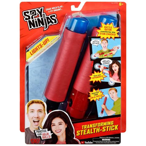 Each of the stun-chuck ends lights up!, The Transforming Stealth-Stick starts as a battle baton and then separates into stun-chucks!, Transform baton to stealth chucks! Recommended Age Range. 6+. Age Level. 4-7. . 