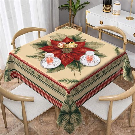 Square christmas tablecloth 54x54. Quantity: 1 Square Tablecloth. Material: 100% Polyester. Color: Red. Size: 54" x 54". Stain & wrinkle resistant, machine washable. 1 piece, seamless design. Hemmed edges for an exquisite look. Share on Facebook Tweet on Twitter Pin on Pinterest. 