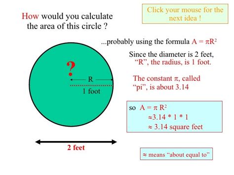 Calculate the area of a circle from diameter measured in foot and inch with results in square feet and acres. Example: Circle with a diameter of 14 ft - 8 in 14 + 8 ÷ 12 (inch to foot value) = 14.66666666666667 * 0.785398163 = 168.948 square feet . 