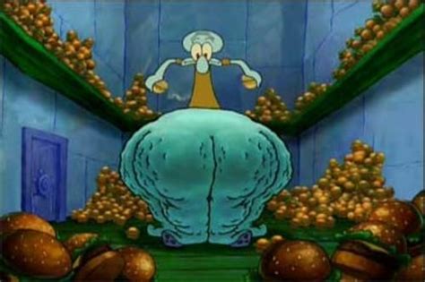 Squidward after he ate the krabby patties. When he became overweight after eating multiple Krabby Patties, Squidward's body exploded. As a result, his head was decapitated while his legs were in a bucket. Squidward would have died, because in reality, once a person is beheaded, the head can't be put back onto the body without the person resulting in death. 