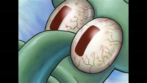 Squidward awake. Squidward from SpongeBob Squarepants experiences a rude awakening in this image. In the first frame, his eyes are closed and his is peacefully sleeping, but in the second photo he's wide awake with fully bloodshot eyes and a grim expression on his face. 