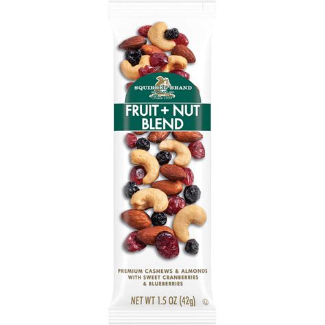 Squirrel brand fruit and nut blend. Fruit & Nut Blend. Squirrel Brand. Nutrition Facts. Serving Size: package Amount Per Serving. Calories 200. Calories from Fat 108 % Daily Value * Total Fat 12 g grams. 