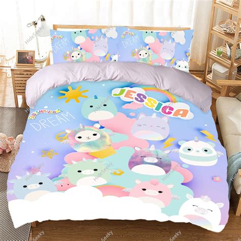 Squishmallow bedding. Character World Squishmallows Official Single Duvet Cover Set, Bright Design | Reversible 2 Sided Squish Squad Bedding Cover Official Merchandise Including Matching Pillow Case. 14. 100+ bought in past month. £1900. RRP: £19.99. 
