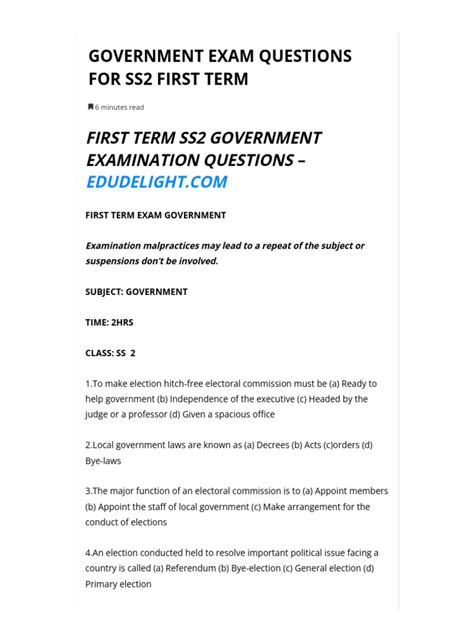 Ss2 government exam questions for first term.  You will also read the be...