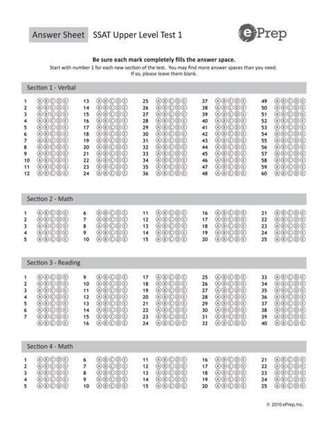 Ssat Answer Sheet